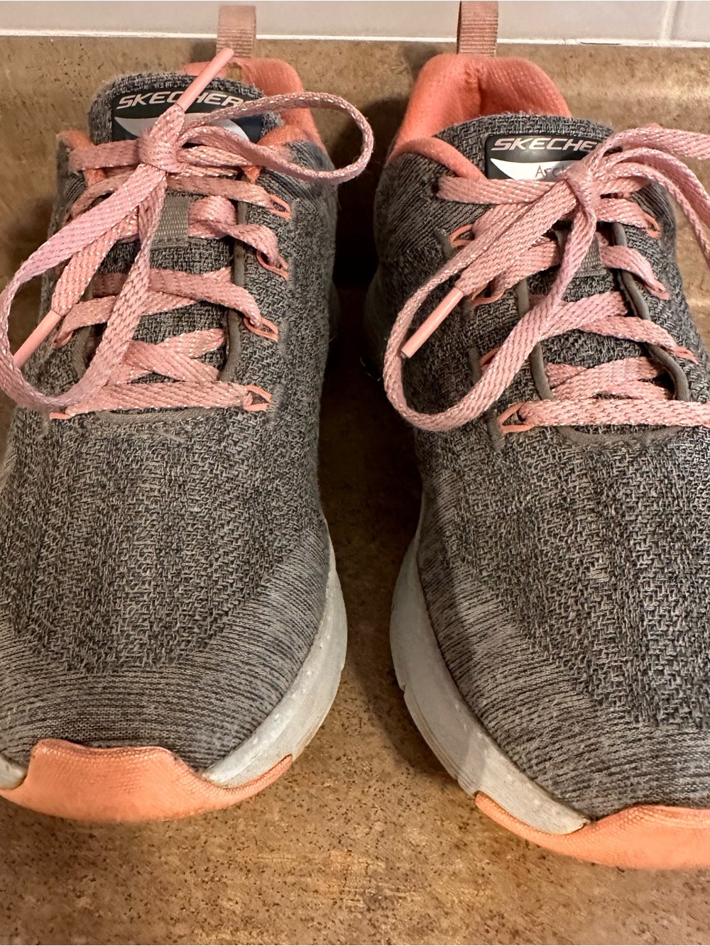 Skechers Heathered Gray Knit Sneakers with Pink Trim